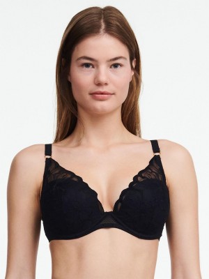 Chantelle Fleurs Plunging T-Shirt Bras Black | USA 2348RWV