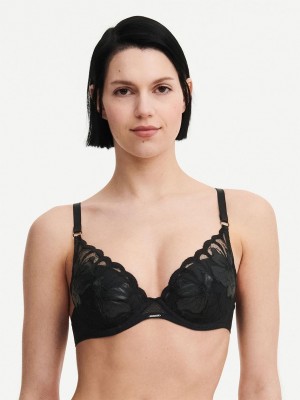 Chantelle Fleurs Signature Plunge Bras Faux Leather Black | USA 2209WYF