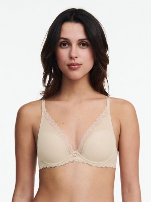 Chantelle Parisian Allure Plunge T-Shirt Bras Nude Sand | USA 1240XFU