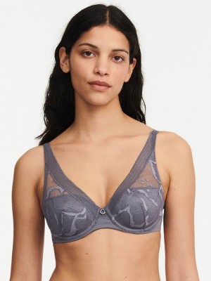 Chantelle True Lace Comfort Plunge Bras Slate Grey | USA 2196GLQ