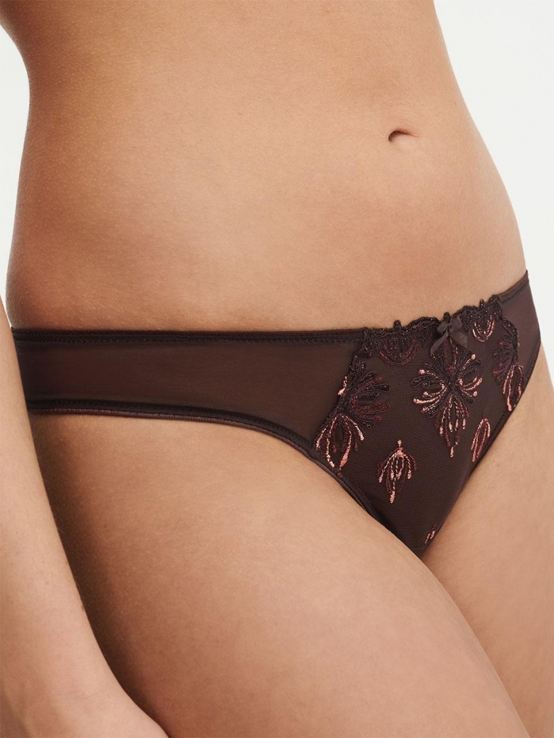 Chantelle Champs Elysées Lace Thong Panties Glossy Brown | USA 2045ZGY