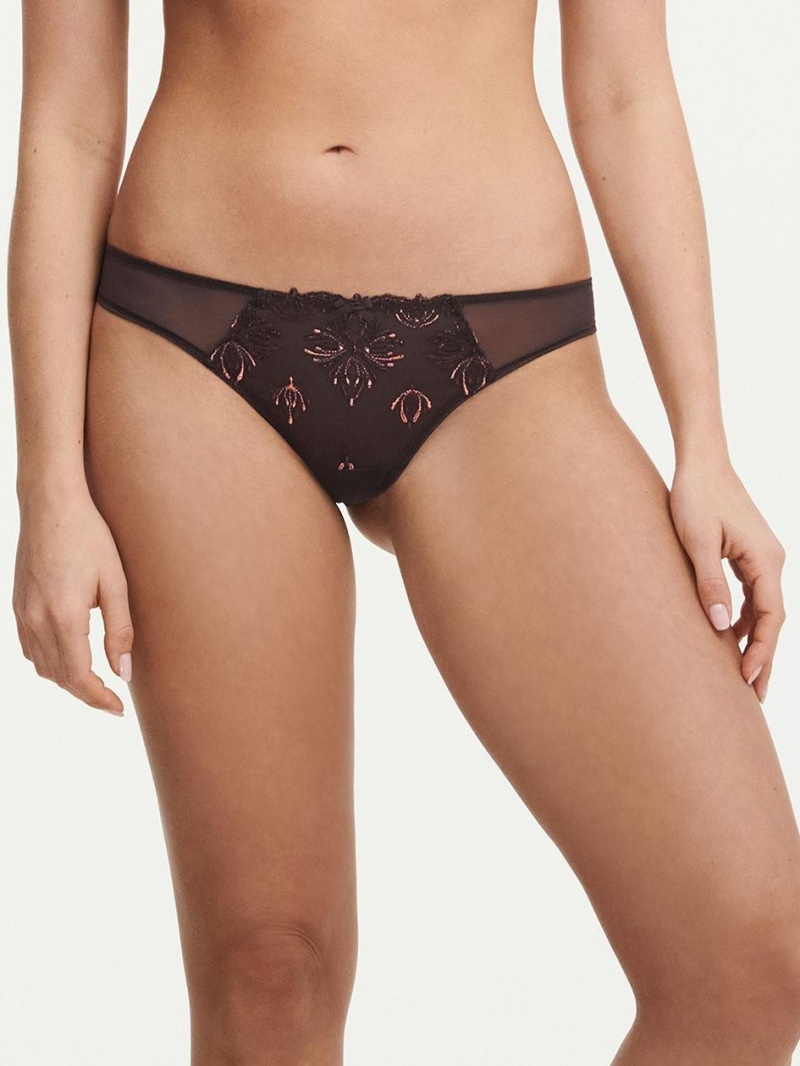 Chantelle Champs Elysées Lace Thong Panties Glossy Brown | USA 2045ZGY