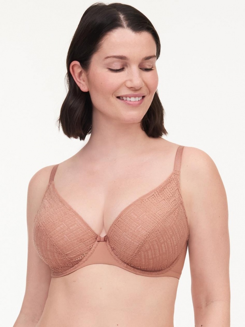 Chantelle Everyday Graphique Full Lace Plunge Underwire Bras Mocha Mousse | USA 1186LHT