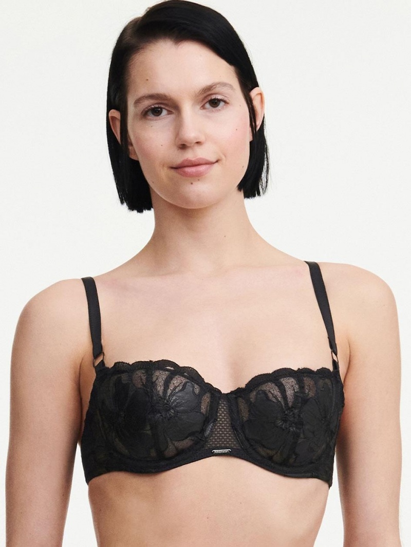 Chantelle Fleurs Signature Demi Bras Faux Leather Black | USA 1395ZGY