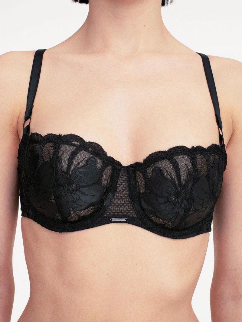 Chantelle Fleurs Signature Demi Bras Faux Leather Black | USA 1395ZGY