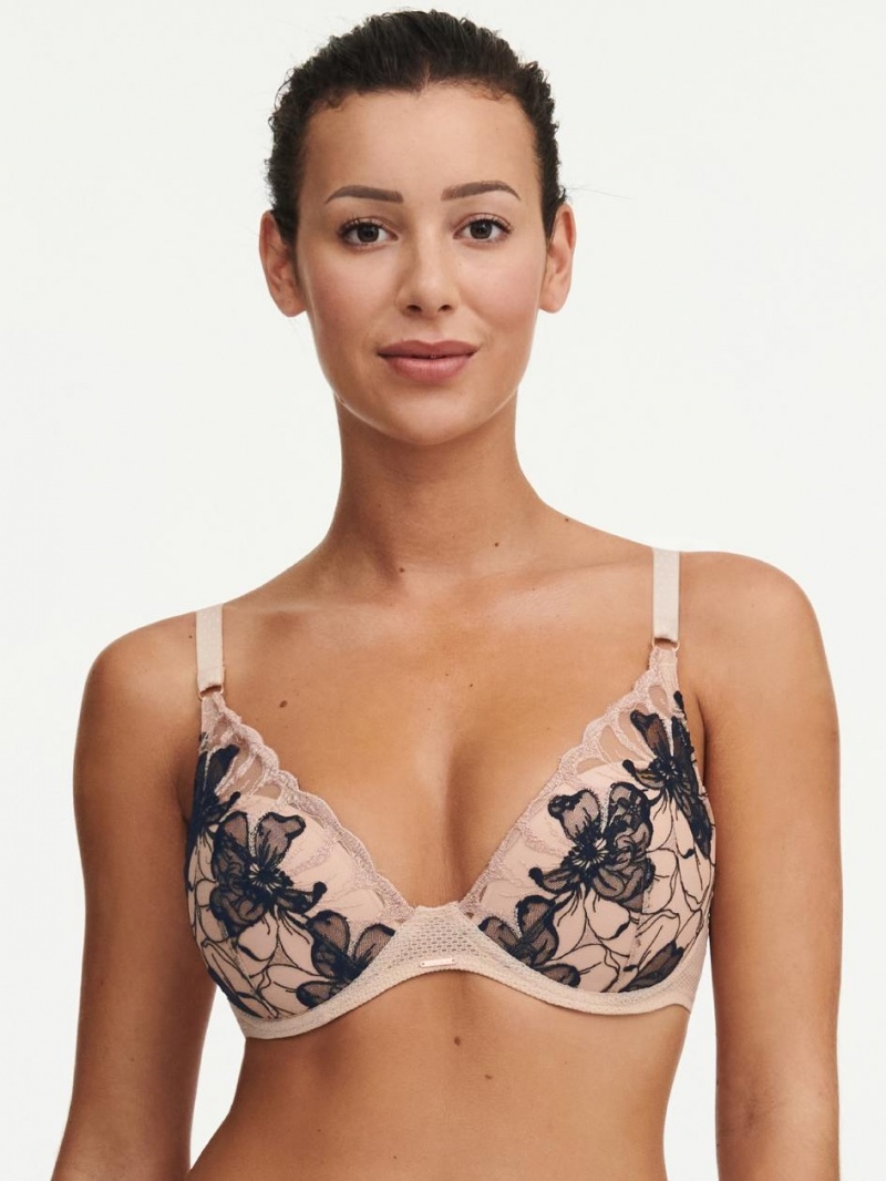 Chantelle Fleurs Signature Plunge Bras Nude Blush/Black | USA 2148LHT