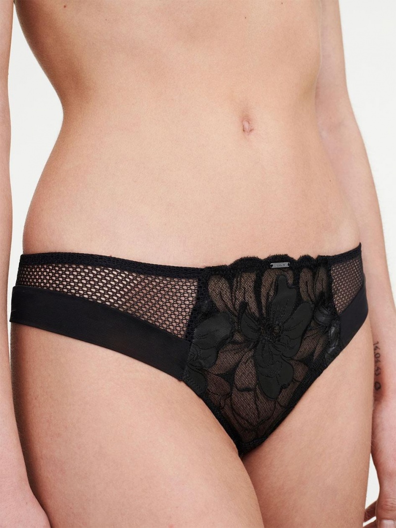 Chantelle Fleurs Signature Tanga Panties Faux Leather Black | USA 2425TVC