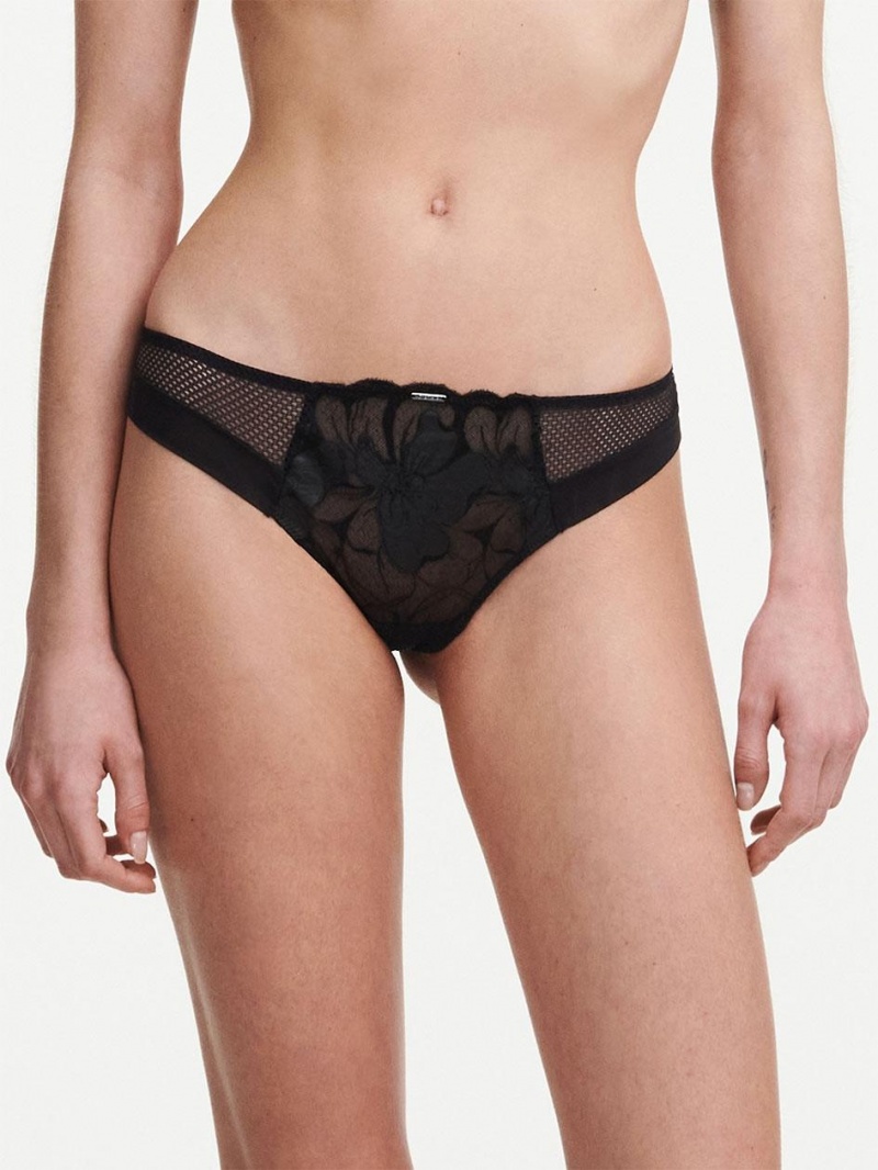 Chantelle Fleurs Signature Tanga Panties Faux Leather Black | USA 2425TVC