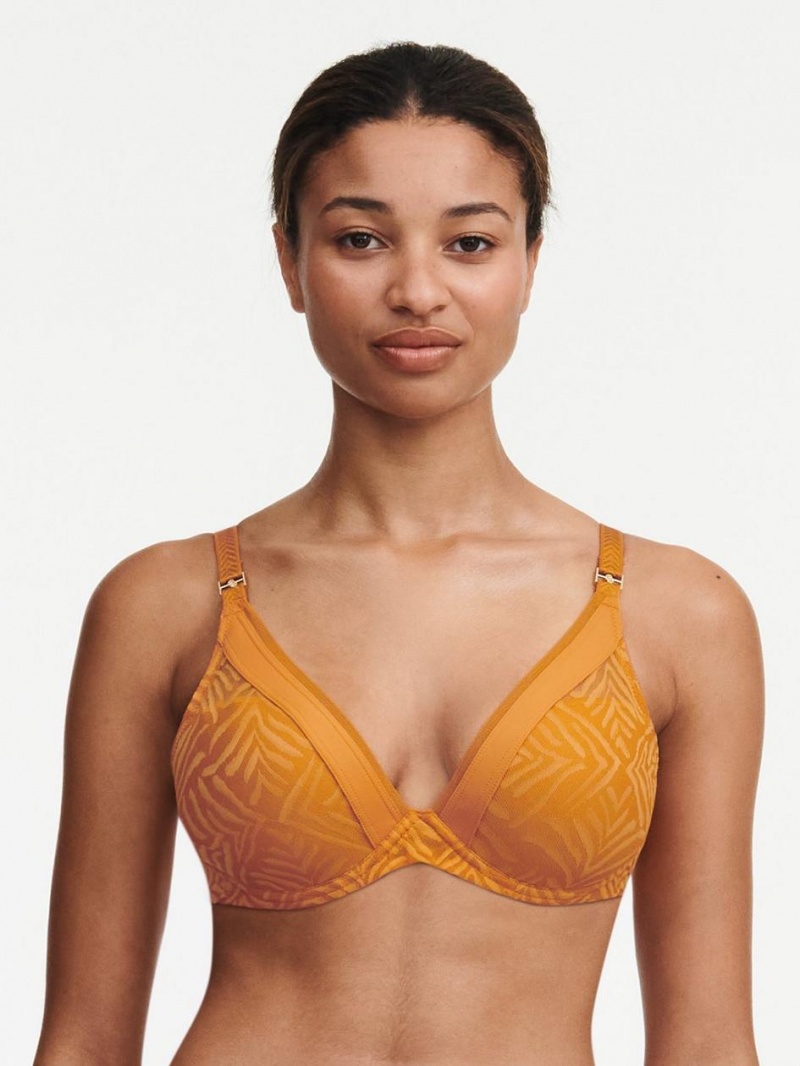 Chantelle Graphic Allure Lace Plunge T-Shirt Bras Ocre | USA 2236EXG