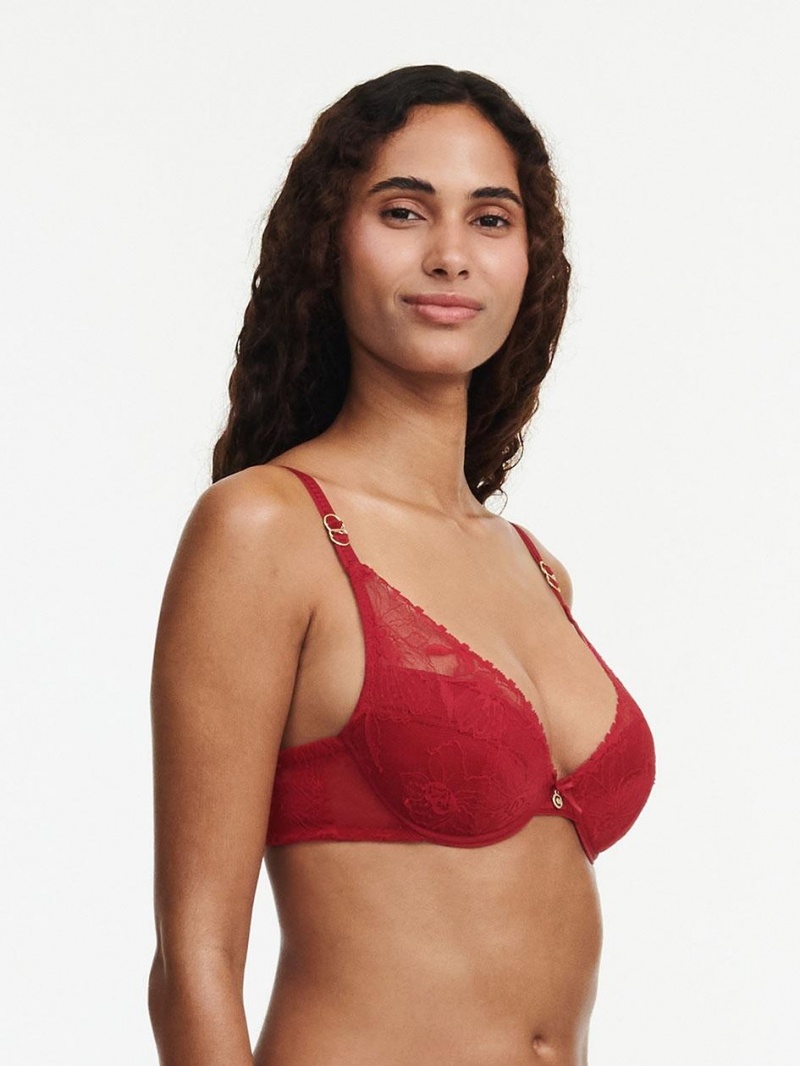 Chantelle Orchids Push-up Plunge Bras Passion Red | USA 2334KIO