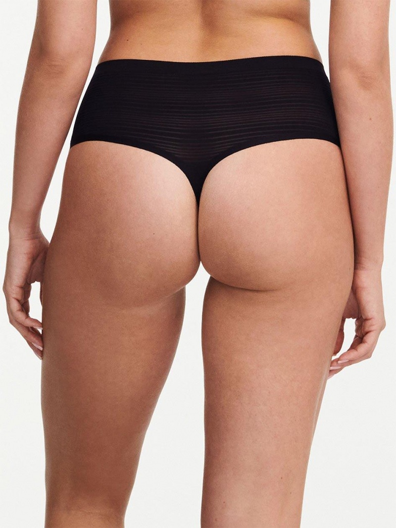 Chantelle SoftStretch Stripes High Waist Thong Panties Black | USA 1816NBA