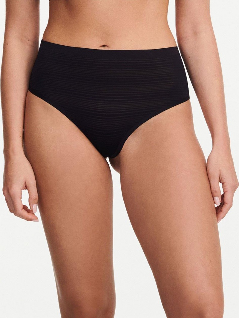 Chantelle SoftStretch Stripes High Waist Thong Panties Black | USA 1816NBA